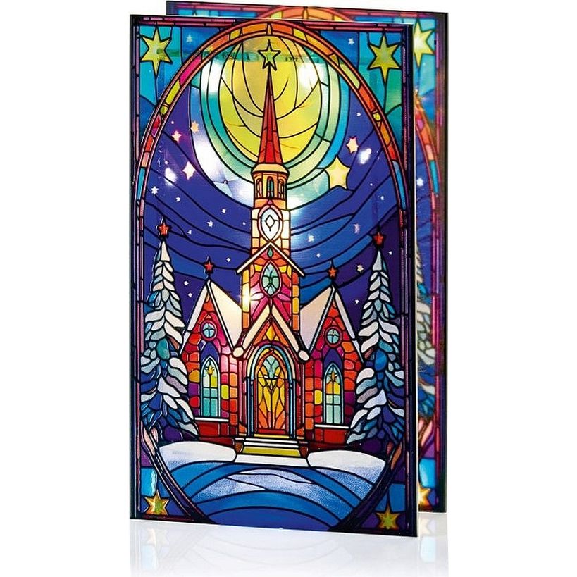 Battery operated LED stained glass church decoration featuring a red brick chapel with golden spire, snow-covered evergreen trees, starry night sky, and glowing yellow moon in vibrant blue, red, gold and green colors