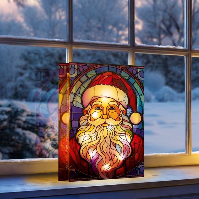 Battery operated Santa stained glass LED table top decoration featuring a vibrant portrait of Santa with red hat and white beard in multicolored stained glass style design, displayed on a snowy winter windowsill with frosted forest landscape visible through the window behind it