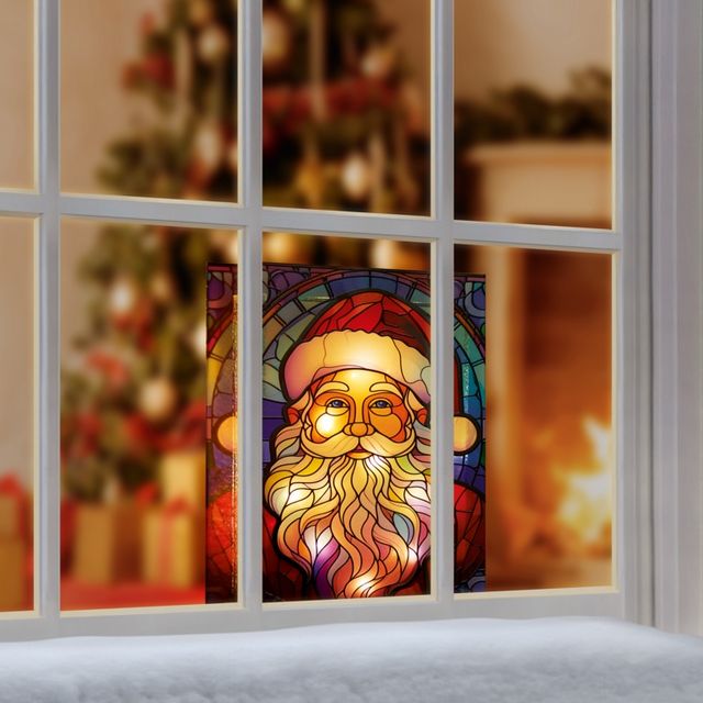 Battery operated stained glass Santa decoration featuring a colorful red and gold illuminated Santa face with white beard displayed on a windowsill with warm interior lighting in background