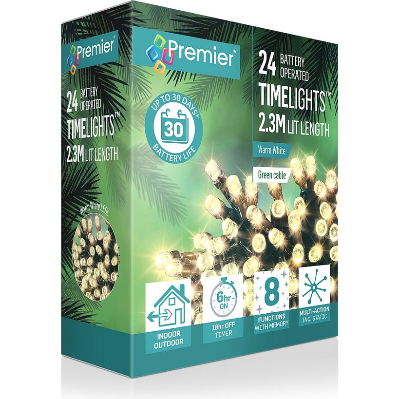 Premier 24 battery operated LED timelights with warm white lights on green cable, 2.3m length, featuring 6hr on timer, 8 functions with memory and multi-action static effects, shown in product packaging with tropical palm leaf design