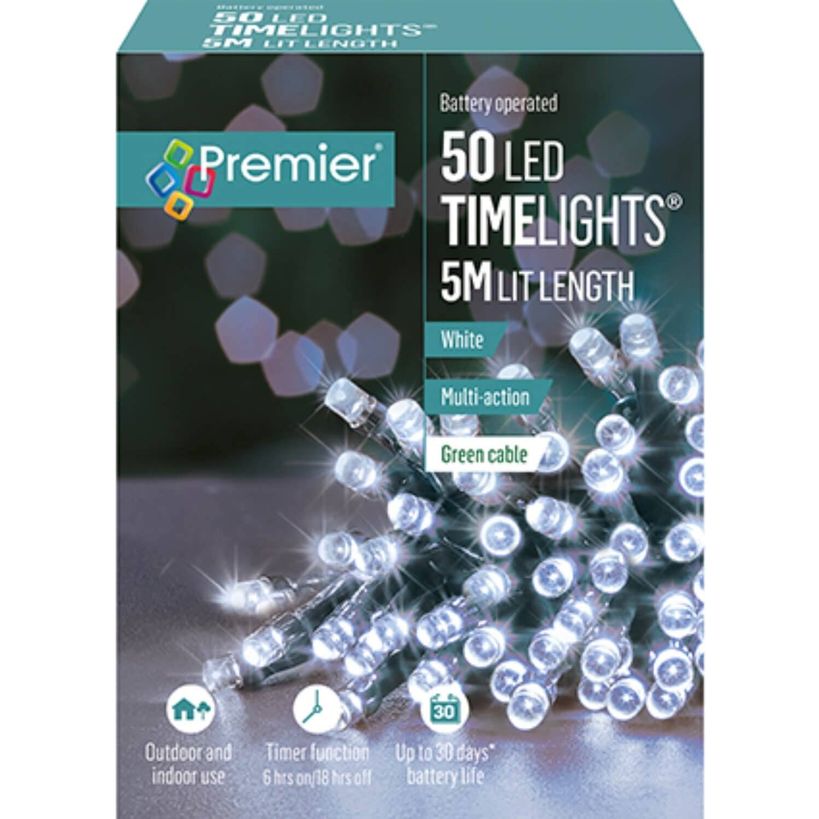 Premier 50 Light Battery LED Lights with Timer - White | LB112382W