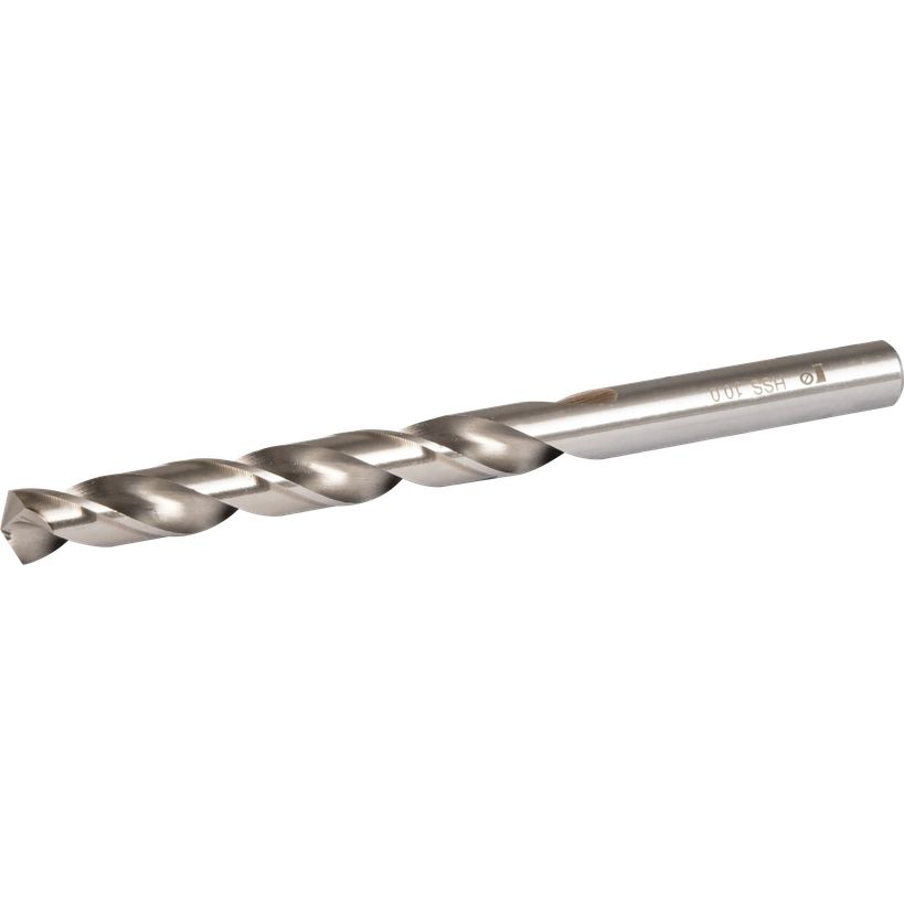 Silver metallic HSS steel twist drill bit 10mm diameter by 133mm length with ground flutes and cylindrical shank against white background