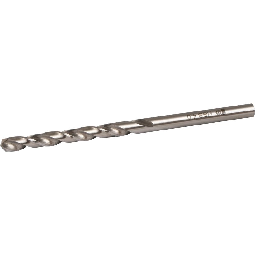 Rawlplug ground HSS steel drill bit 4mm x 75mm with spiral flutes and shank markings on white background