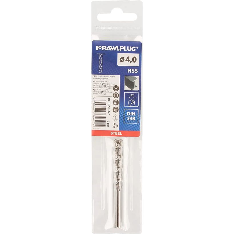 Rawlplug HSS steel drill bit 4mm diameter in clear blister packaging with blue branding label and red steel indicator band