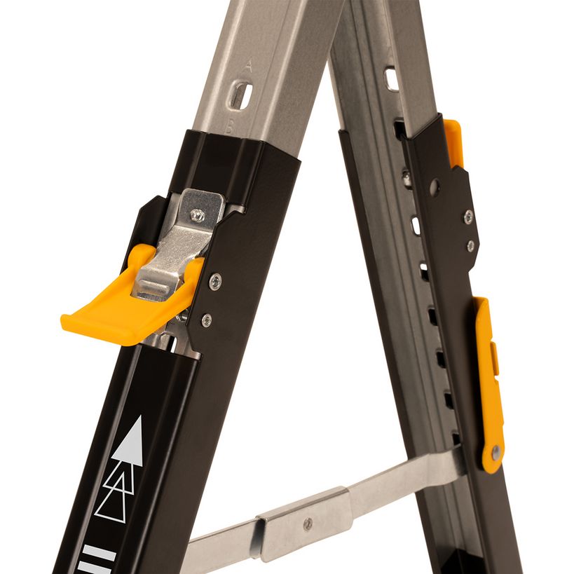 Close-up detail of Roughneck Colt folding sawhorse showing black and grey aluminum frame with yellow foot pads and metal locking mechanism against white background