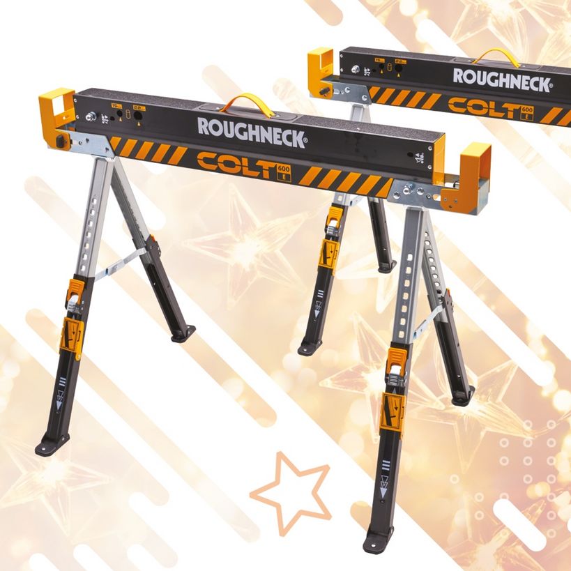 Roughneck Colt 600 folding saw horse twin pack featuring black and yellow metal frames with adjustable legs and orange safety stripes, displayed against a warm beige background