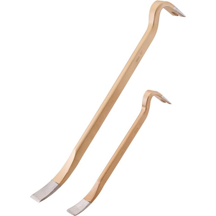 Two wooden pry bars with metal flat ends displayed at an angle, showing a 14 inch and 22 inch Roughneck Gold Gorilla Bar set with natural wood handles and steel blades