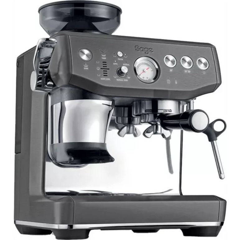 Sage Barista Express Impress black espresso machine with integrated grinder, stainless steel portafilter, steam wand, control panel with dials and buttons, and drip tray