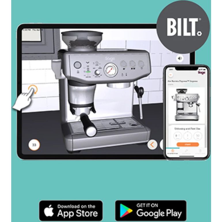 Sage Barista Express Impress black espresso machine with BILT app integration displayed on tablet and smartphone screens showing product details and unboxing guide against turquoise background with App Store and Google Play download buttons