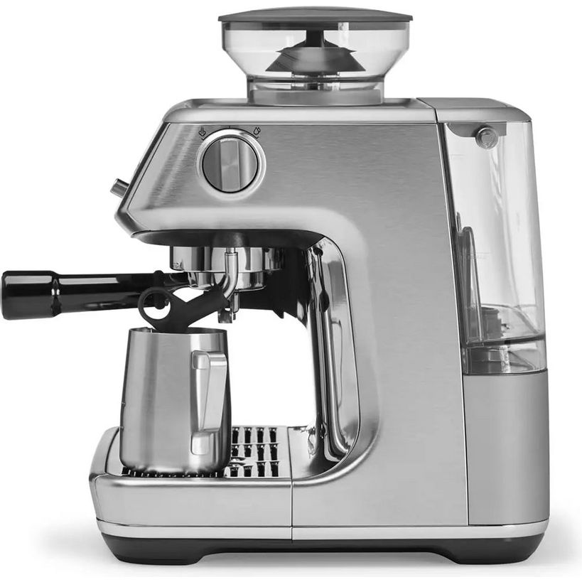 Sage The Barista Pro espresso coffee machine in brushed stainless steel with integrated grinder, portafilter, steam wand and water tank, front view on white background