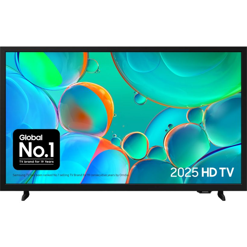 Samsung H5000 32 inch HD LED Smart TV 2025 model displaying colorful abstract bubbles and spheres in blue, green and orange on screen with Global No.1 TV brand badge on black bezel against white background