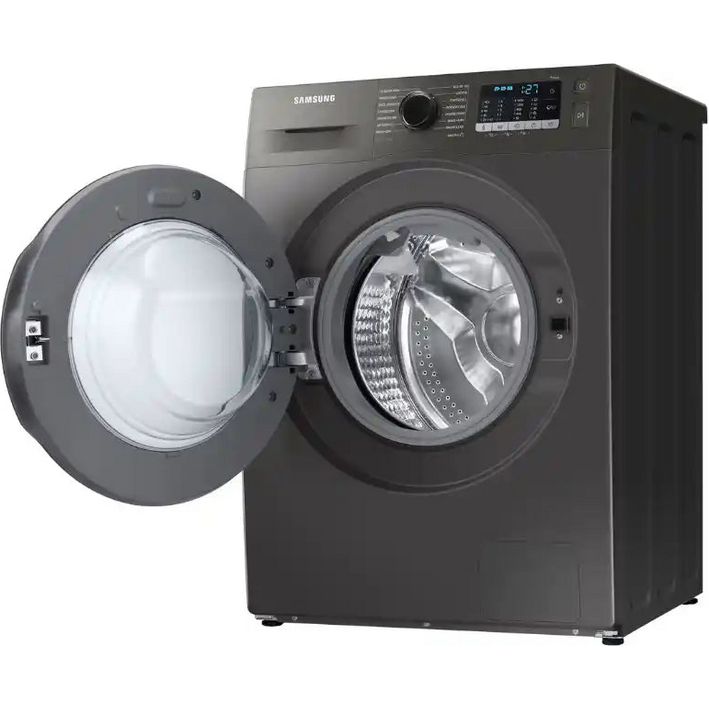 Samsung Series 5 Ecobubble washer dryer combo in graphite grey with open door showing drum, digital display and control panel