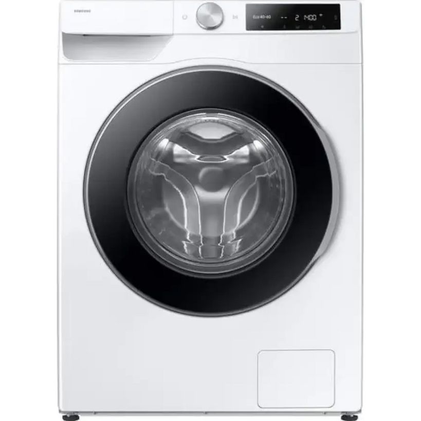 Samsung Series 6 white front-load washing machine with 9kg capacity, black circular door, digital display, and control dial on top panel