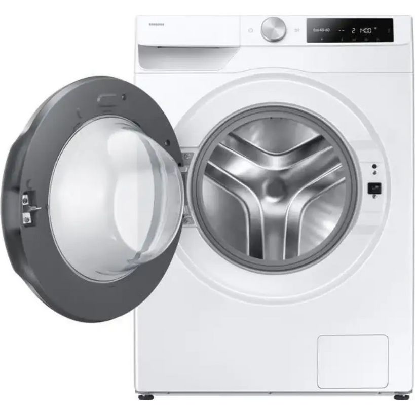 Samsung Series 6 white front-load washing machine with open grey door showing stainless steel drum, digital display panel and control knob, 9kg capacity model WW90DG6U85LEU1