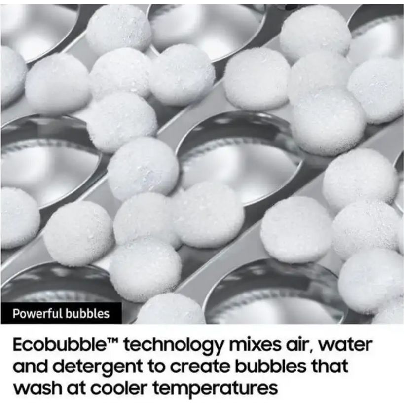 Close-up of white Ecobubble technology spheres in spoons showing powerful bubbles created by mixing air water and detergent for cooler temperature washing in Samsung washing machine