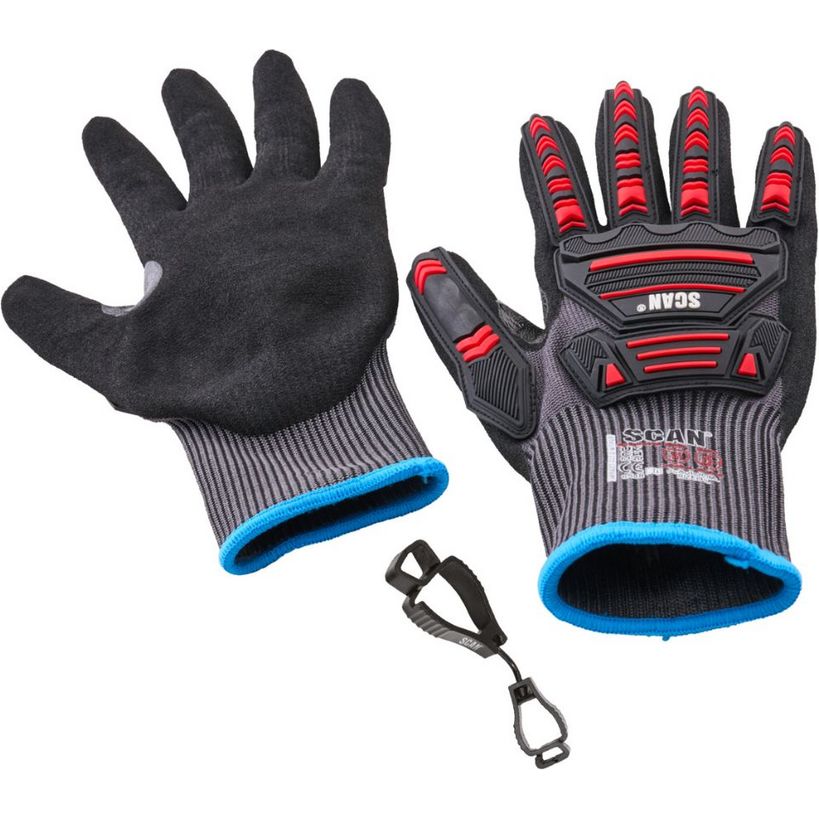 Scan Impact cut resistant work gloves large size showing grey ribbed knit exterior with black foam padding, red impact protection on knuckles and fingers, blue cuff trim, black palm grip, displayed front and back view with detachable carabiner clip