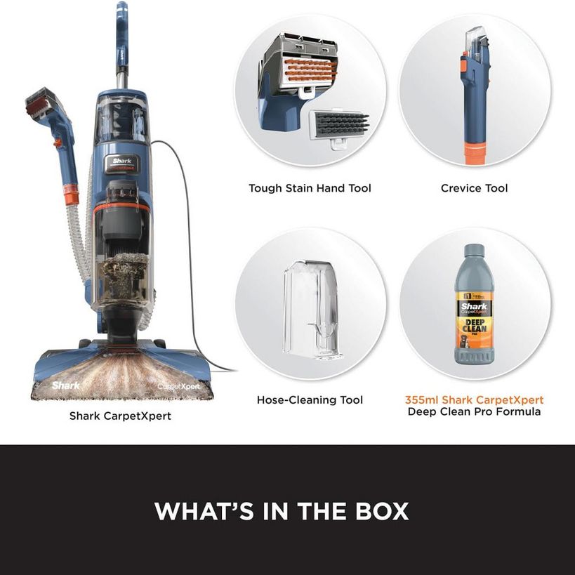 Shark CarpetXpert deep carpet cleaner machine in navy blue and orange with included accessories: tough stain hand tool, crevice tool, hose-cleaning tool, and 355ml Deep Clean Pro Formula bottle shown against white background