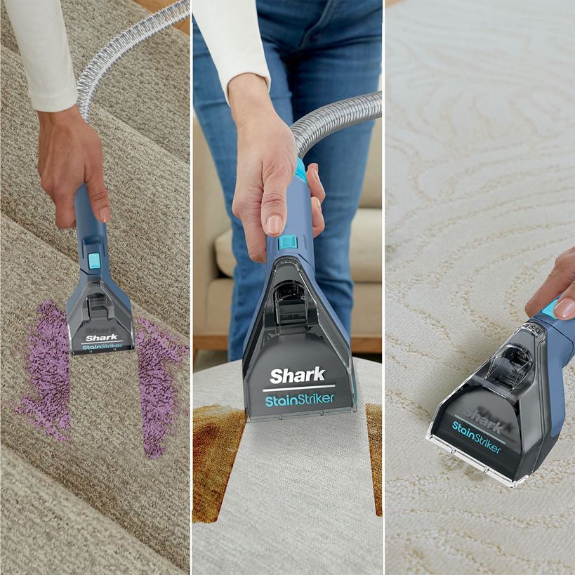 Shark StainStriker portable carpet cleaner being used on various stains including purple stain on beige carpet, brown stain on white fabric, and light colored carpet, demonstrating cleaning capability with Nordic blue and black handheld device design