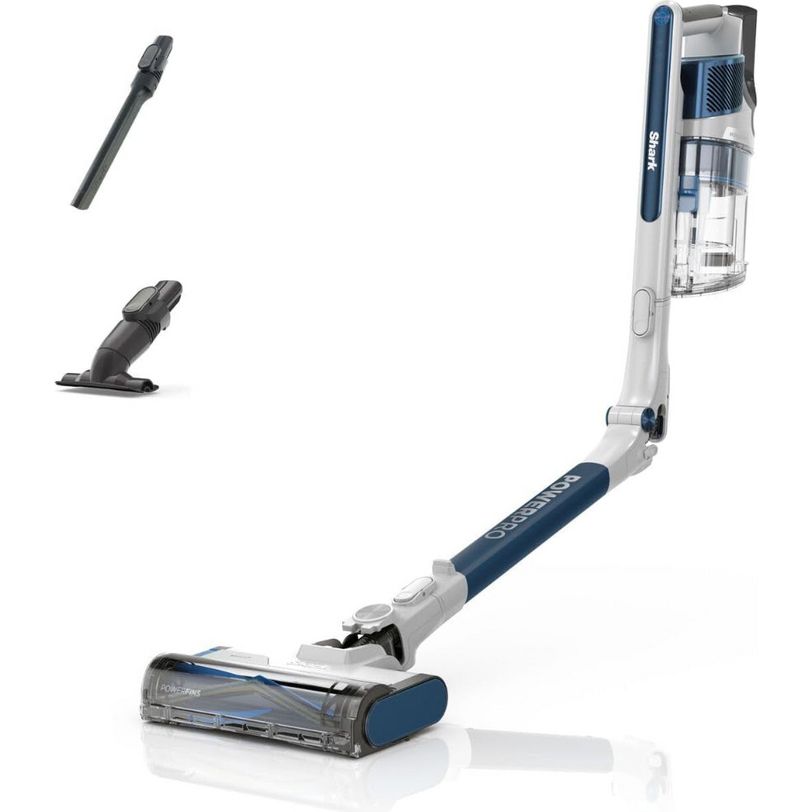 Shark PowerPro cordless stick vacuum in navy blue and silver with detachable handheld unit, crevice tool attachment, and motorized floor brush head shown against white background
