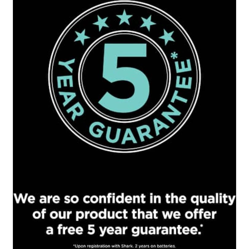 5 year guarantee badge in turquoise and black showing Shark vacuum's confidence in product quality with registration terms displayed below