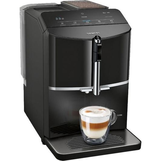 Siemens EQ300 fully automatic bean to cup coffee machine in black with chrome accents, featuring a removable bean hopper on top, digital display panel, stainless steel dispensing arm, and a cup of cappuccino on the drip tray below