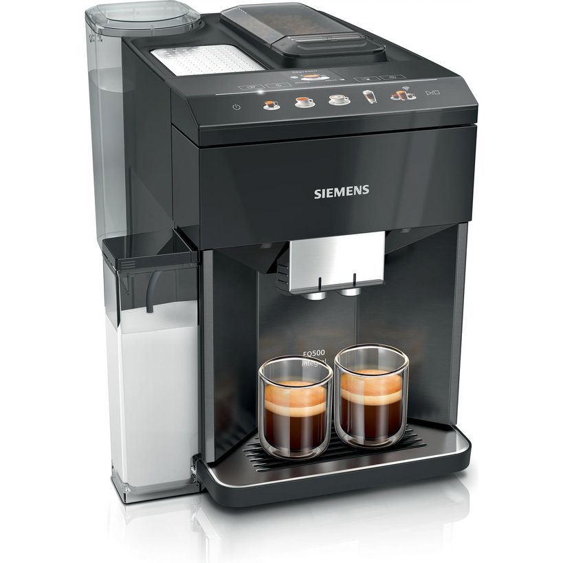 Siemens EQ500 fully automatic coffee machine in black with stainless steel accents, featuring two espresso cups filled with freshly brewed coffee, water reservoir on left side, and illuminated control panel with beverage icons on top
