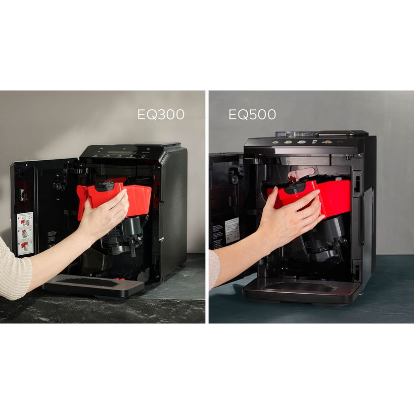 Side-by-side comparison of Siemens EQ300 and EQ500 fully automatic coffee machines in black, with hand demonstrating bean hopper access on both models