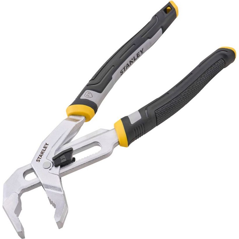 Stanley 250mm dual adjust pliers with gray metal body, black and yellow grip handles, and adjustable wrench jaw mechanism