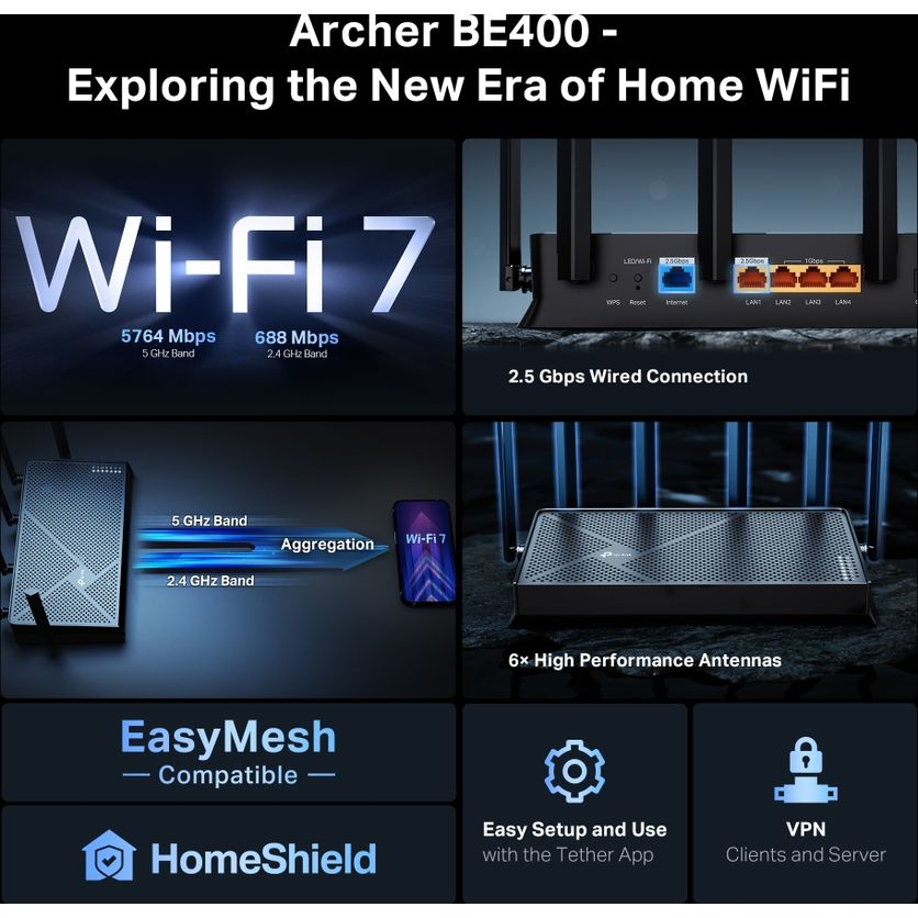 TP-Link Archer BE400 Wireless Wifi 7 Router - Black