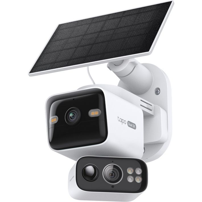 TP-Link Tapo solar powered dual lens pan tilt security camera kit showing white camera unit with black lens, dual camera control module, and black solar panel mounted on white bracket against white background