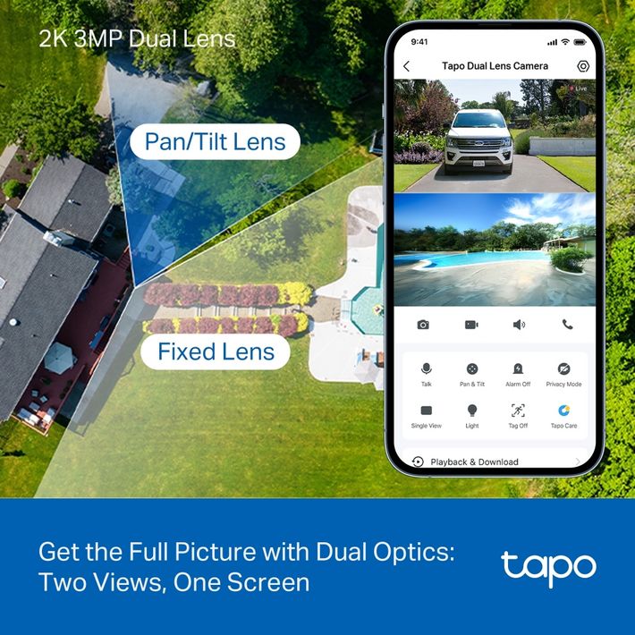 TP-Link Tapo dual lens security camera system showing 2K 3MP pan/tilt and fixed lens capabilities with aerial property view on left and smartphone app interface on right displaying simultaneous front driveway and pool area camera feeds with control buttons