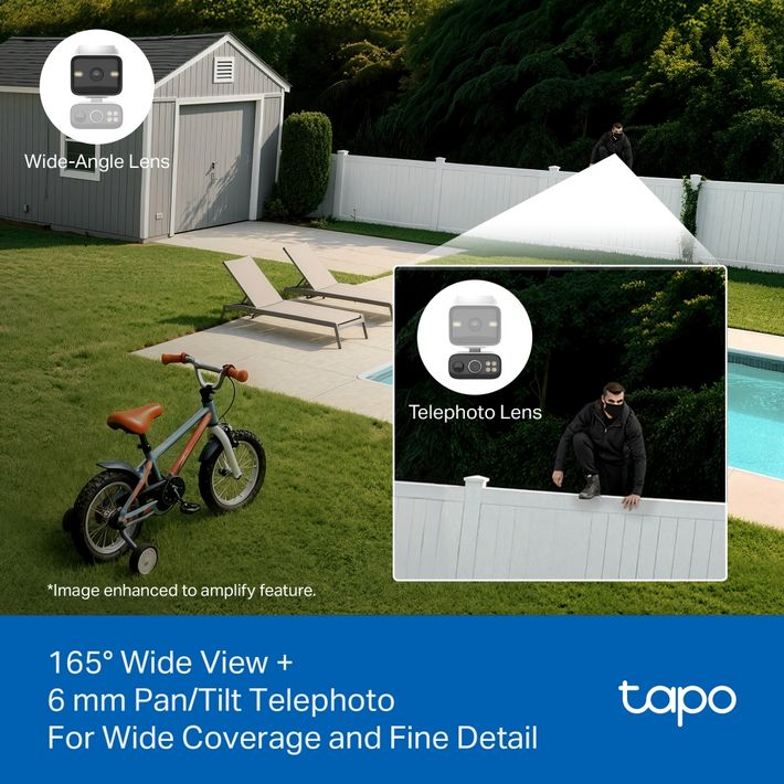 TP-Link Tapo dual lens security camera kit displayed in a backyard setting showing 165-degree wide-angle and 6mm telephoto lens capabilities, with inset close-up of man at white fence demonstrating telephoto zoom feature, featuring solar-powered pan-tilt camera mounted on white vinyl fence overlooking pool area with green lawn and storage shed