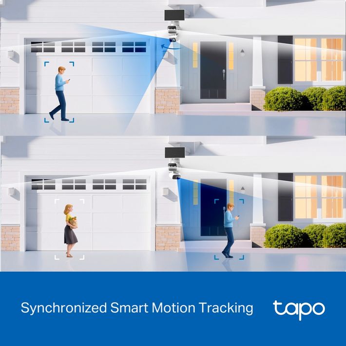Illustration of TP-Link Tapo synchronized smart motion tracking security camera system showing dual lens pan tilt camera mounted on modern white house with brick base, demonstrating real-time tracking of person moving from driveway to front door, with blue overlay indicating motion detection zones
