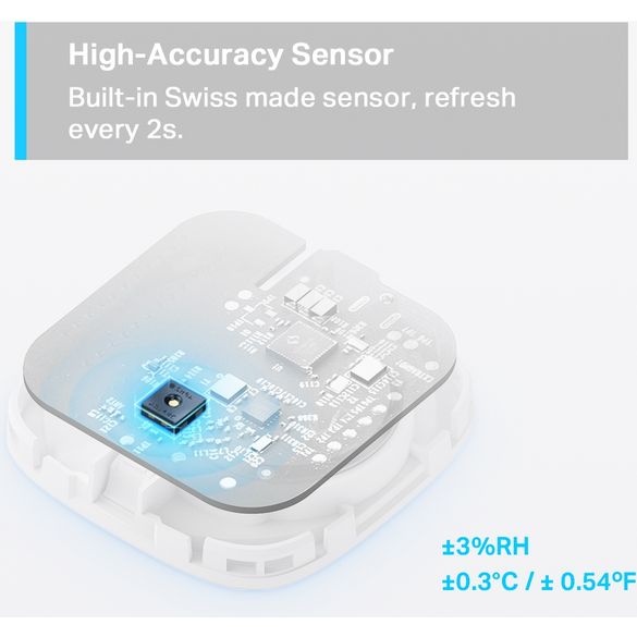TP-Link Tapo T310 smart sensor device showing white square housing with blue-highlighted Swiss-made sensor chip, displaying accuracy specifications of ±3% RH and ±0.3°C temperature tolerance, with visible circuit board components and 2-second refresh rate indicator