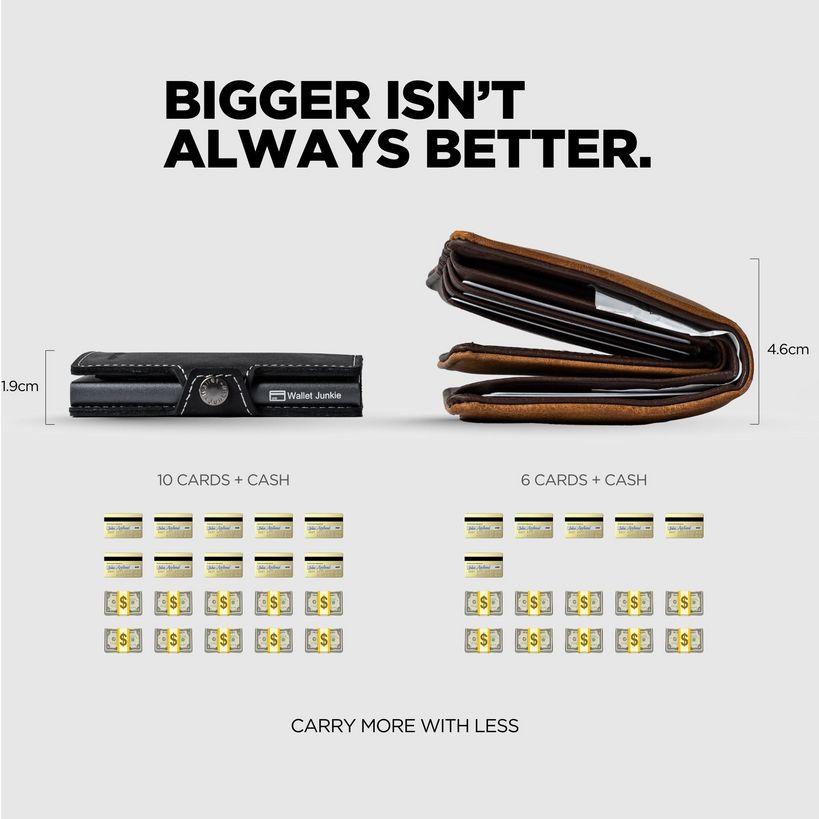 Comparison image showing Wallet Junkie slim leather wallet in midnight black holding 10 cards and cash at 19cm versus larger brown wallet holding 6 cards and cash at 4.6cm, demonstrating the tagline carry more with less
