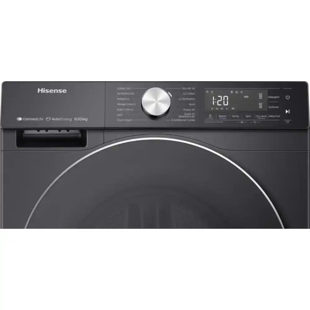 Hisense black 10.5kg washing machine with 1400 spin speed, digital display showing 1:20, large circular dark door, metallic control dial and buttons on top control panel, AutoDose and ConnectLife features visible