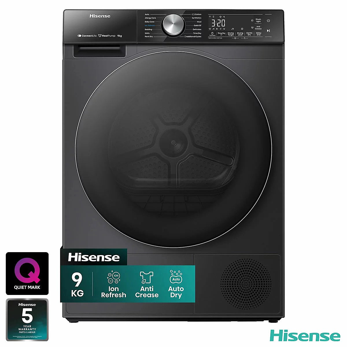 Black Hisense dryer with digital display on a white background