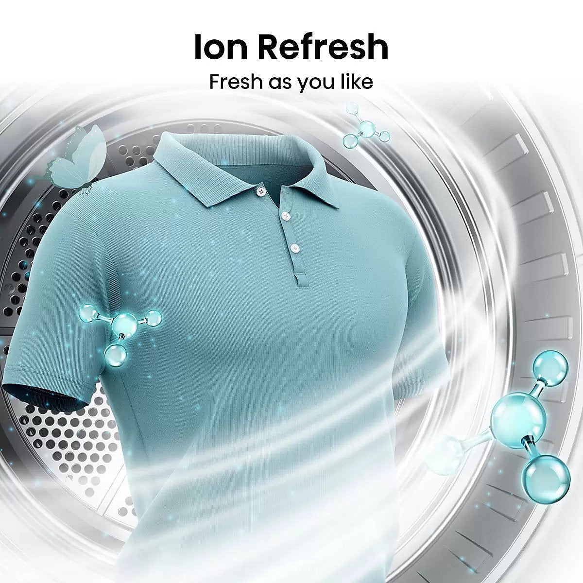 Light blue polo shirt inside a washing machine with 'Ion Refresh' text and graphics.