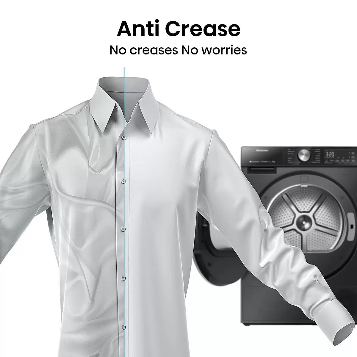 White shirt with text 'Anti Crease No creases No worries' next to a washing machine.