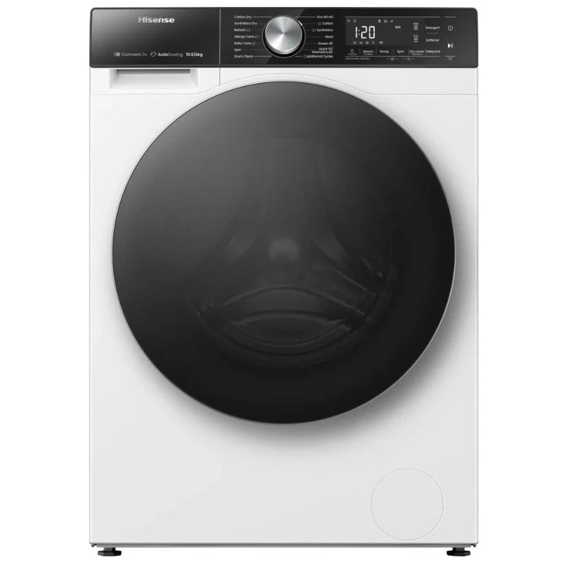 Hisense front-load washer dryer combo in white color, with a black door, digital display, and control panel.