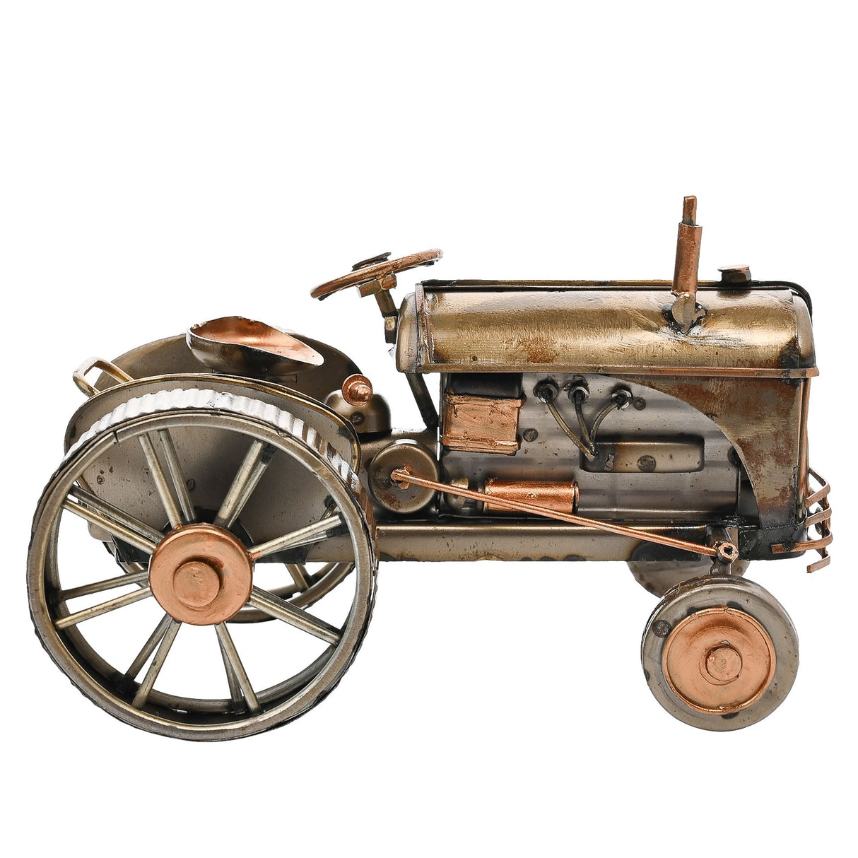 Vintage-style metal tractor ornament with copper and bronze details, featuring large spoked wheels, cylindrical boiler, smokestack, and steering wheel, crafted from aged iron and copper materials
