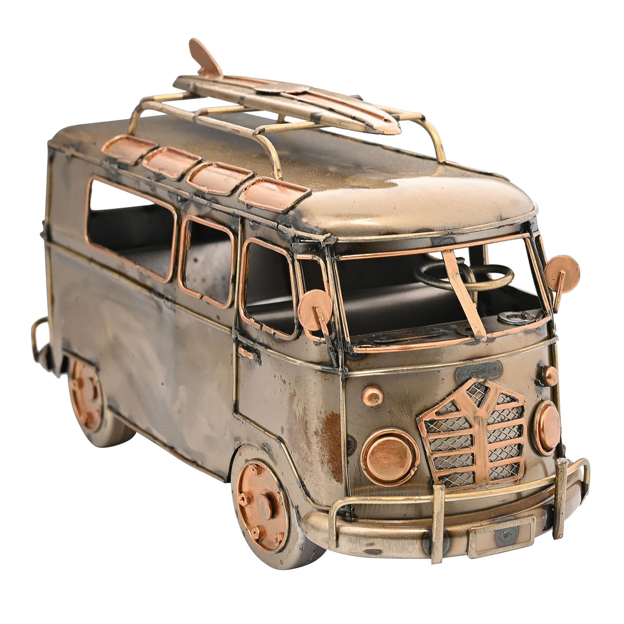 Metallic model of a van with a surfboard on top, on a white background