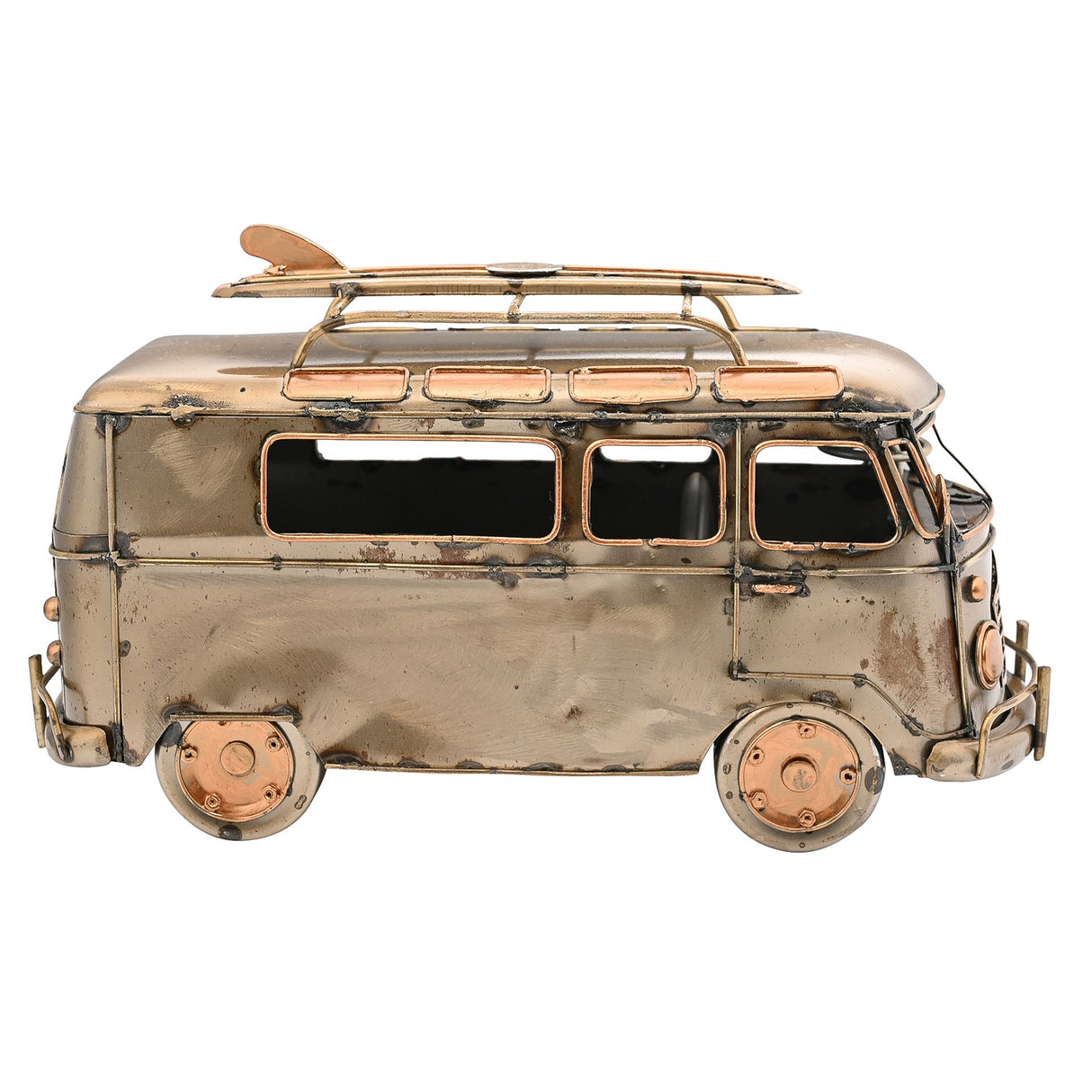 Vintage-style metal campervan ornament with weathered bronze and copper finish, featuring surfboard on roof rack, three rectangular windows, copper-toned wheels, and detailed riveted construction details