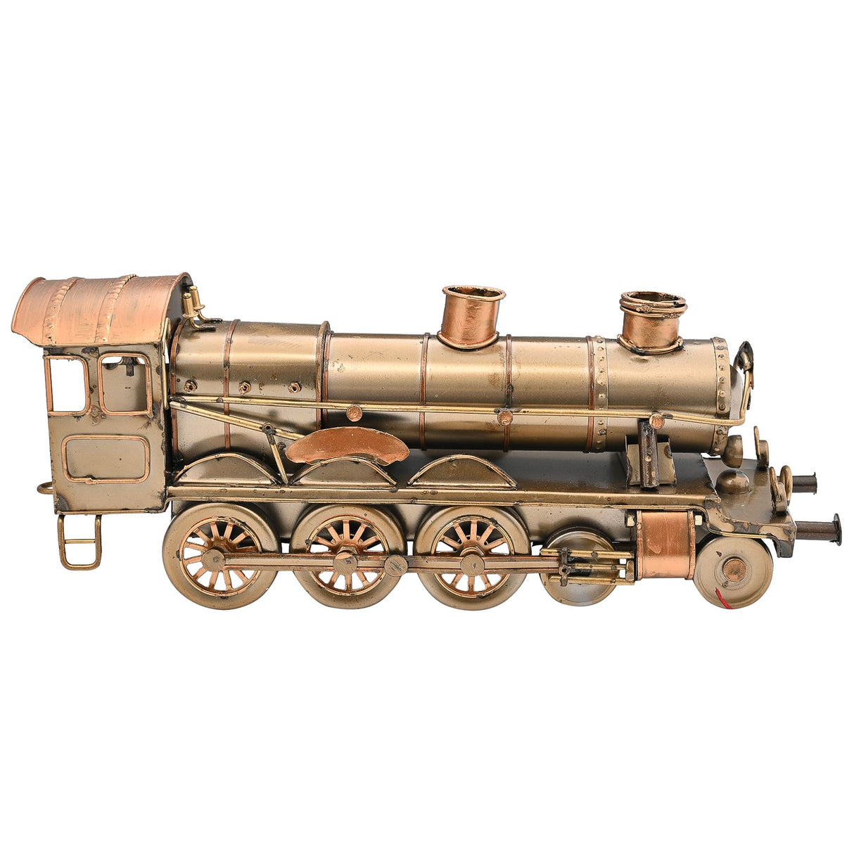Detailed brass and copper steam locomotive model with three large wheels, cylindrical boiler, smokestack, and cabin, shown in side profile against white background