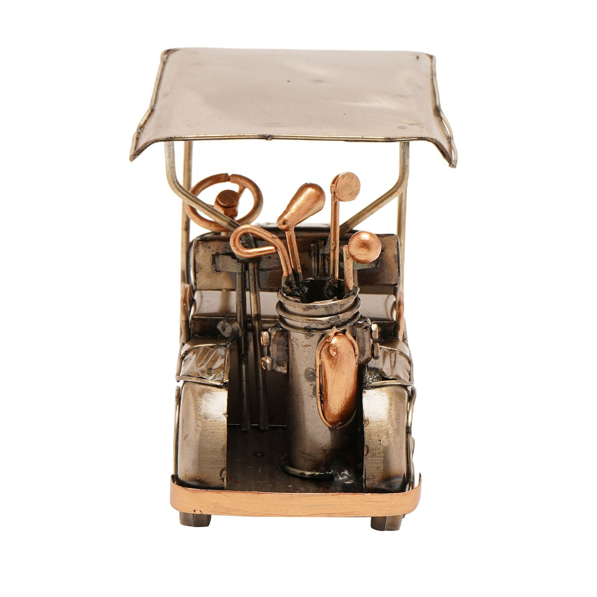 Decorative metal and wood golf buggy ornament with copper and brass details, featuring a canopy top, seated golfer figure, and golf clubs in holder, crafted in vintage style
