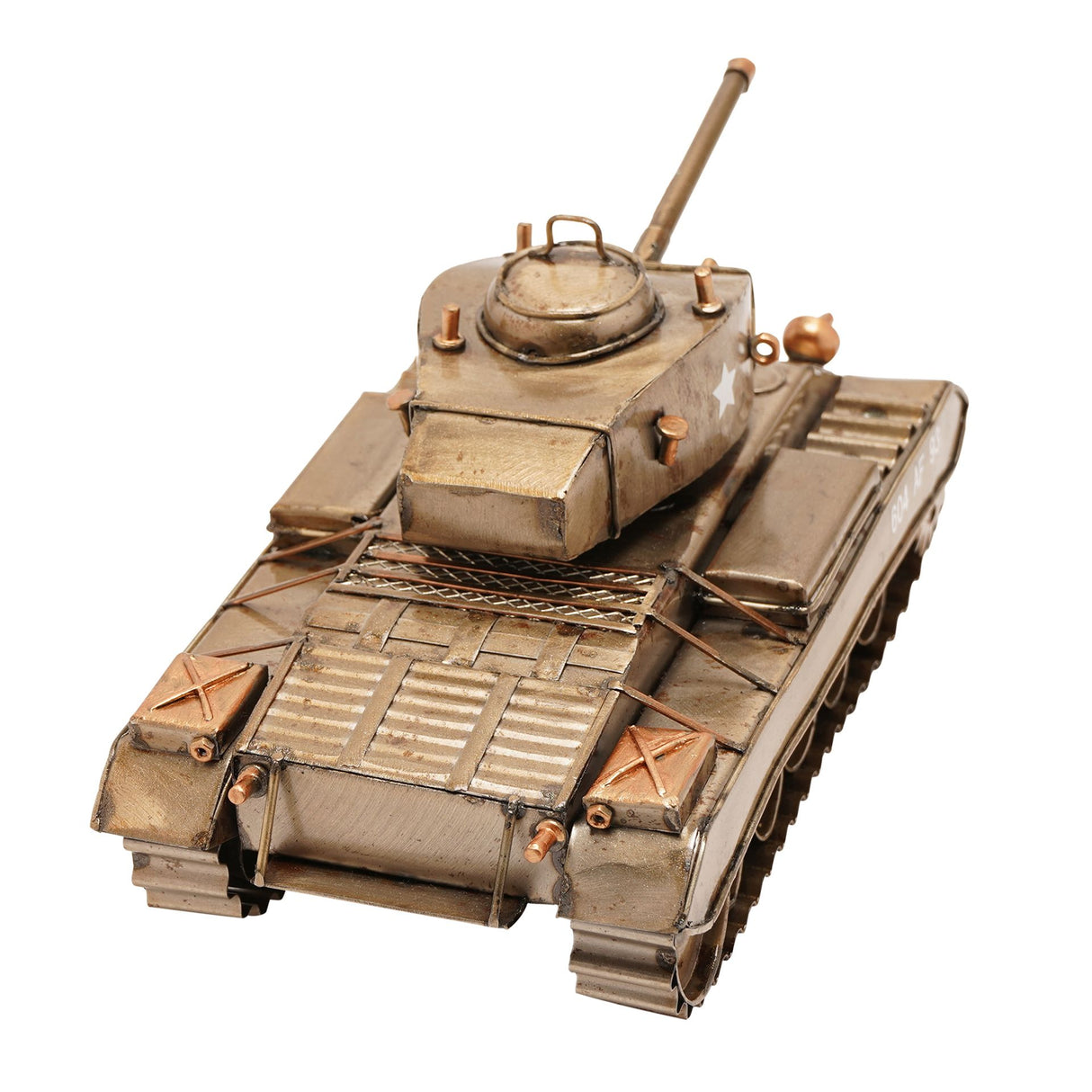 Detailed bronze-finished metal military tank ornament featuring a rotating turret, main gun barrel, track treads, and weathered patina surface with copper accents and securing straps