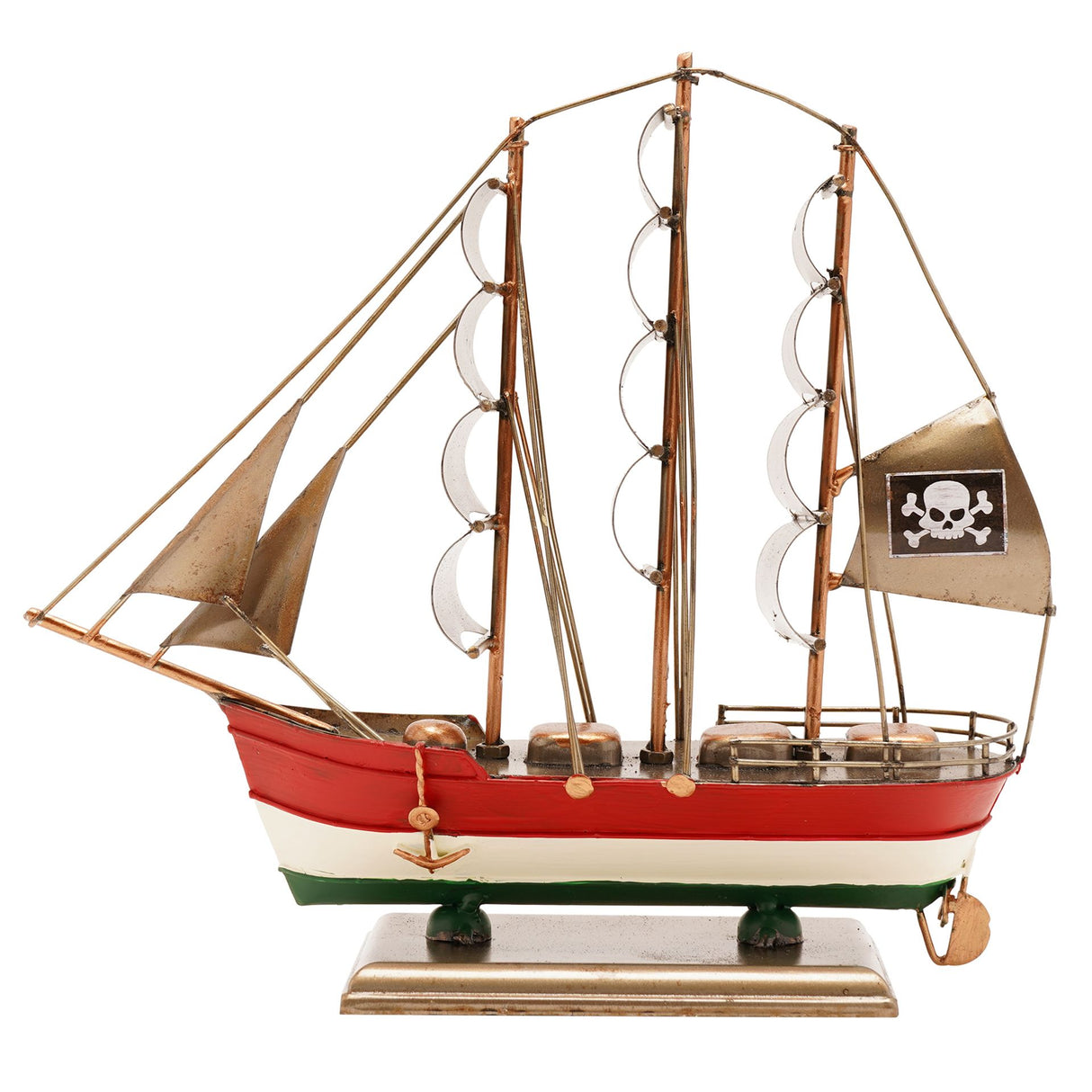 Decorative model pirate ship with red white and green striped hull, three wooden masts with tan sails, brass fittings, skull and crossbones flag, and circular porthole details, mounted on brass base