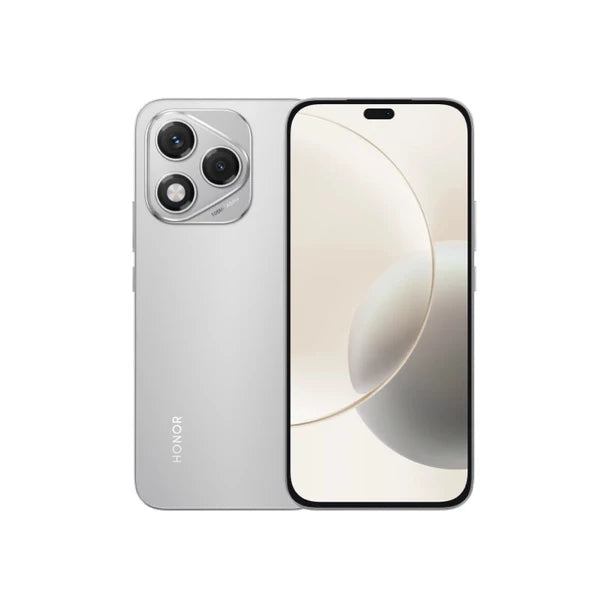 Honor Magic 6 Lite silver smartphone displayed front and back showing triple camera system, 6.78-inch display with waterdrop notch, and minimalist design with Honor branding on matte finish back panel