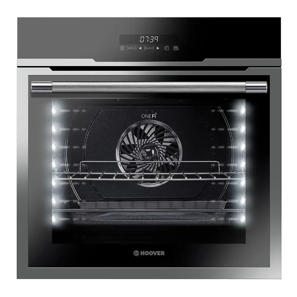 Hoover HOAZ7173INWF/E stainless steel built-in single oven with WiFi connectivity, featuring interior convection fan, LED lighting on sides, digital display showing 07:39, and chrome handle on black glass door