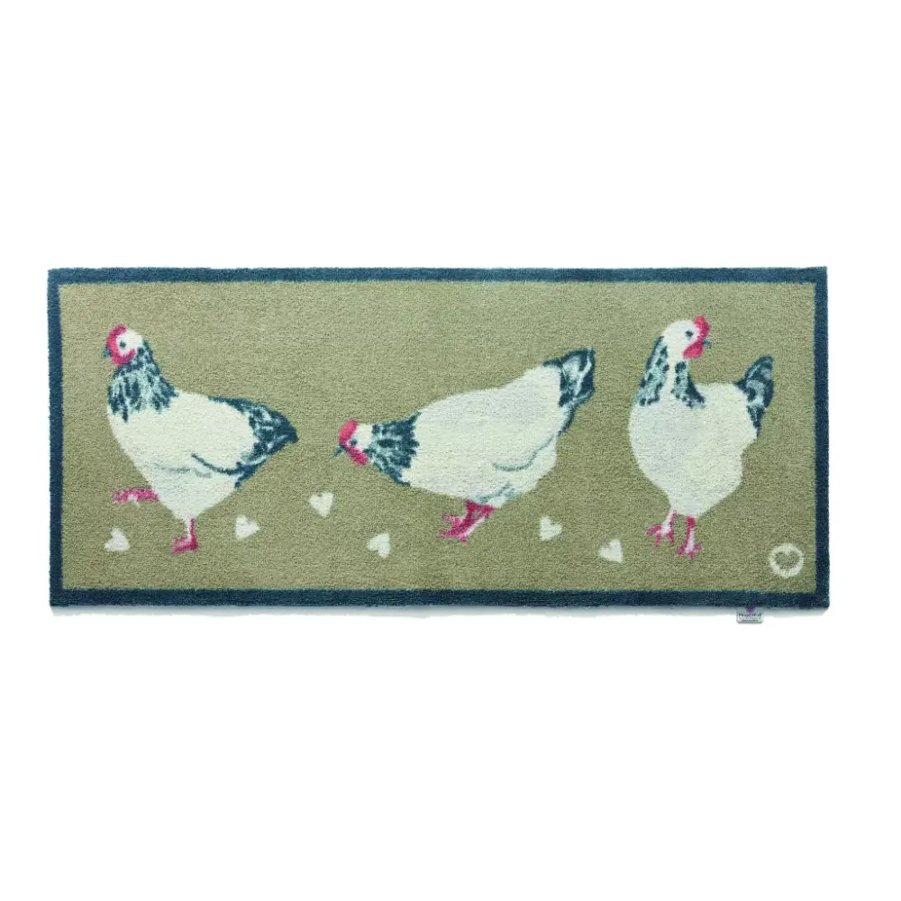 Hug Rug Runner Mat featuring four white chickens with pink combs and dark wing markings on a sage green background with navy blue border, 65cm x 150cm